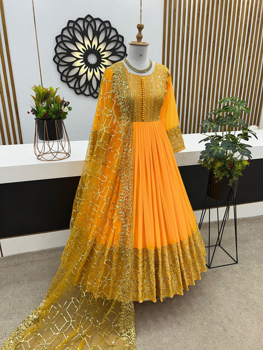 Embellished Embroidery Sequence Work Yellow Color Gown