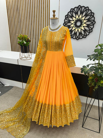 Embellished Embroidery Sequence Work Yellow Color Gown