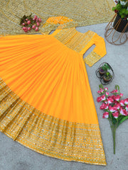 Embellished Embroidery Sequence Work Yellow Color Gown