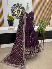 Captivating  Embroidery Sequence Work Purple Color Gown