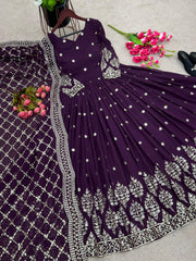 Captivating  Embroidery Sequence Work Purple Color Gown