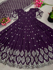 Captivating  Embroidery Sequence Work Purple Color Gown