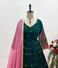 Designer  Sequence Embroidery Work Green Color Long Gown