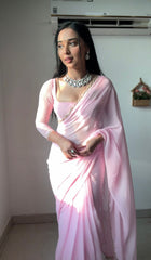 Beautiful Handwork Pink Color Ready To Wear Saree