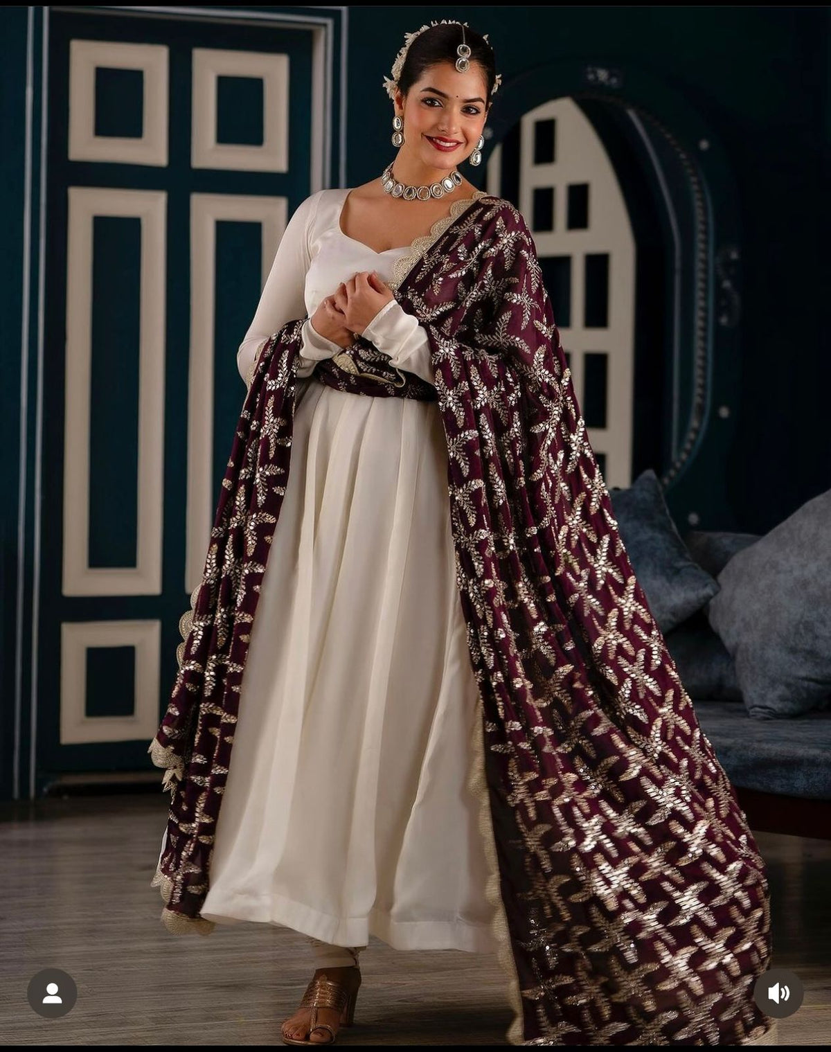 Marvelous Plain White Color With Maroon Color Dupatta