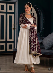 Marvelous Plain White Color With Maroon Color Dupatta