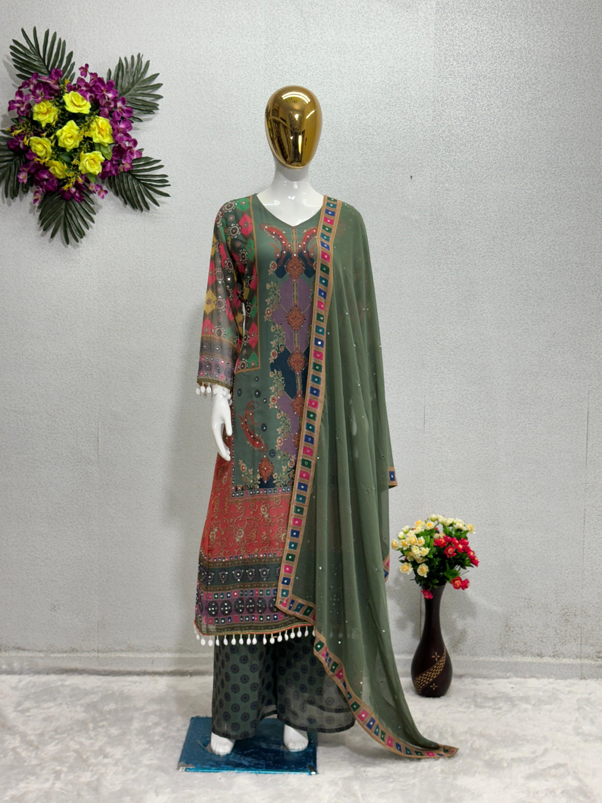 Luxuriant Digital Print With Real Mirror Hand Work Green Color Sharara Suit