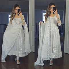 Stylish White Color Sequence Work With Embroidery Work Gown