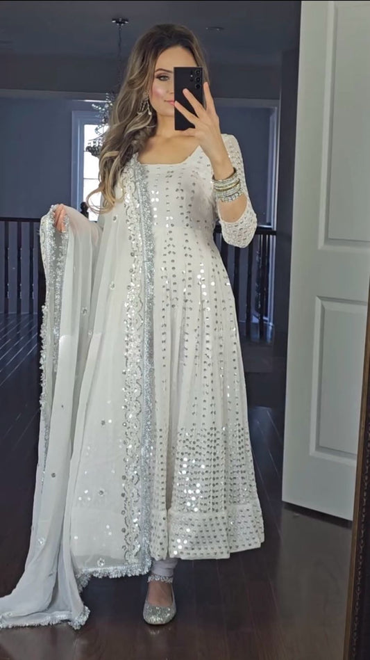 Stylish White Color Sequence Work With Embroidery Work Gown