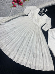 Stylish White Color Sequence Work With Embroidery Work Gown