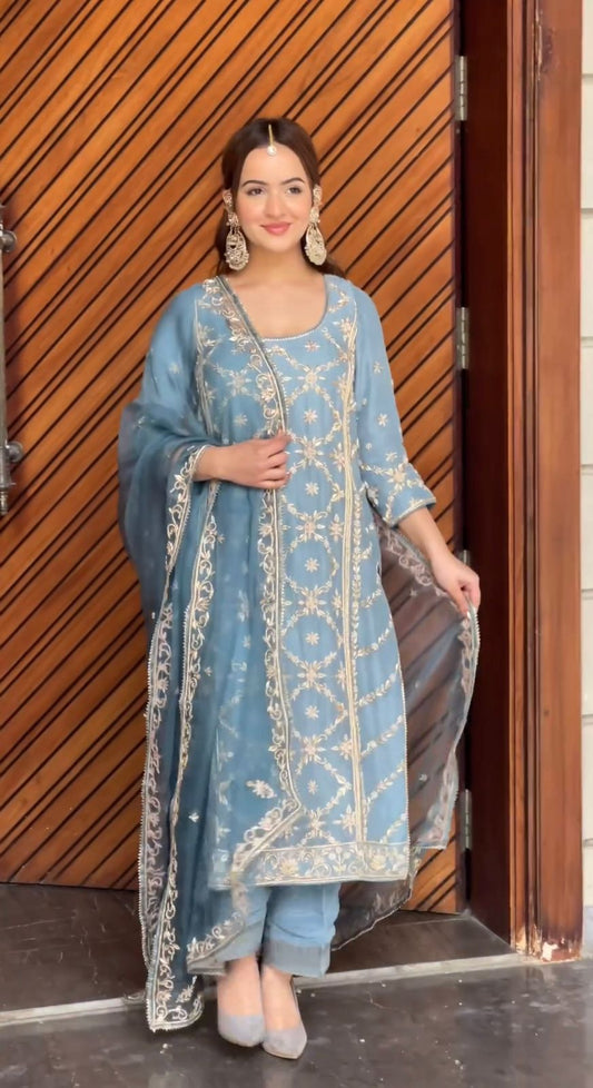 Good Looking Embroidery Sequence Work Sky Blue Color Anarkali Suit