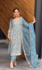 Good Looking Embroidery Sequence Work Sky Blue Color Anarkali Suit