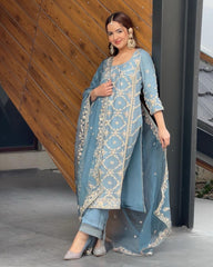 Good Looking Embroidery Sequence Work Sky Blue Color Anarkali Suit