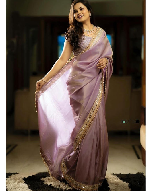 Beautiful Sequence And Embroidery Work Organza Saree