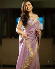 Beautiful Sequence And Embroidery Work Organza Saree