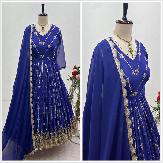 Captivating  Sequence Embroidery Work Blue Color Gown