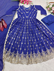 Captivating  Sequence Embroidery Work Blue Color Gown