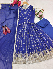 Captivating  Sequence Embroidery Work Blue Color Gown