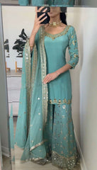 Fantastic Embroidery Sequence Work Rama Color Top With Plazzo Suit