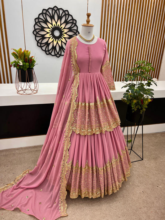 Mesmerizing Embroidery Sequence Work Pink Color Top With Lehenga