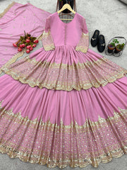 Mesmerizing Embroidery Sequence Work Pink Color Top With Lehenga