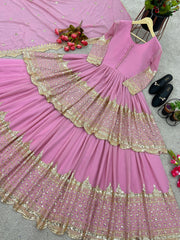 Mesmerizing Embroidery Sequence Work Pink Color Top With Lehenga