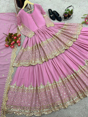 Mesmerizing Embroidery Sequence Work Pink Color Top With Lehenga