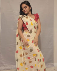 Ready To Wear Off White Color Multi Heart Print Saree