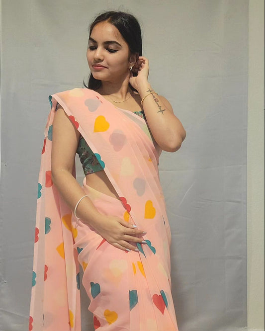 Ready To Wear Peach Color Multi Heart Print Saree