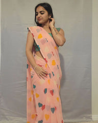 Ready To Wear Peach Color Multi Heart Print Saree