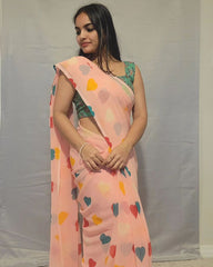 Ready To Wear Peach Color Multi Heart Print Saree