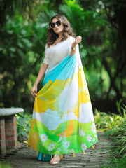 Fashionable Sky With White Color Printed Saree