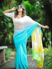 Fashionable Sky With White Color Printed Saree