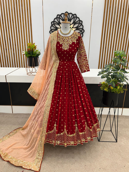 Outstanding  Embroidery Sequence Work Red Color Gown