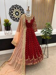 Outstanding  Embroidery Sequence Work Red Color Gown