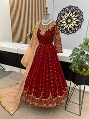 Outstanding  Embroidery Sequence Work Red Color Gown