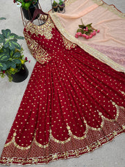 Outstanding  Embroidery Sequence Work Red Color Gown