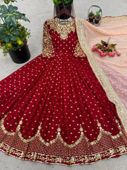 Outstanding  Embroidery Sequence Work Red Color Gown