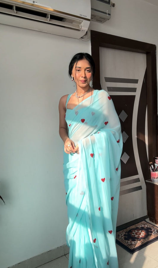 Innovative  Sky Blue Color Heart Design Ready To Wear Saree