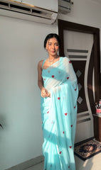 Innovative  Sky Blue Color Heart Design Ready To Wear Saree