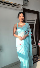 Innovative  Sky Blue Color Heart Design Ready To Wear Saree