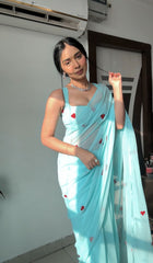 Innovative  Sky Blue Color Heart Design Ready To Wear Saree