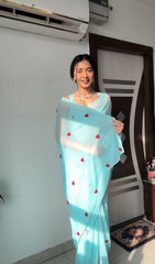 Innovative  Sky Blue Color Heart Design Ready To Wear Saree