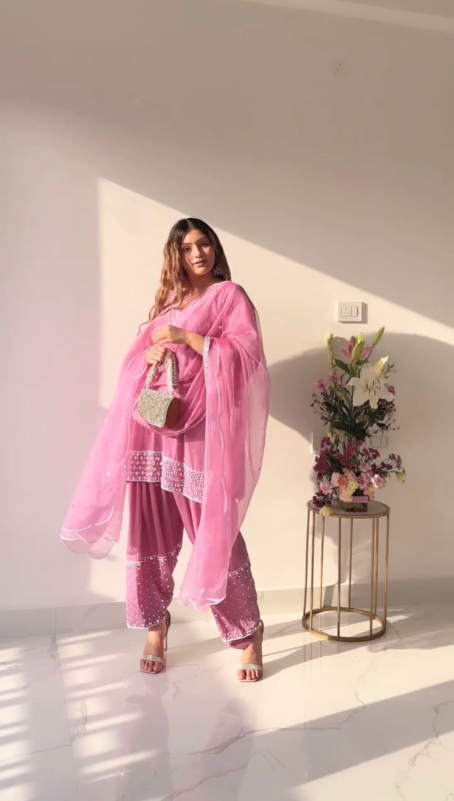 Casual Wear Thread With Real Mirror Pink Anarkali Suit