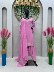 Casual Wear Thread With Real Mirror Pink Anarkali Suit