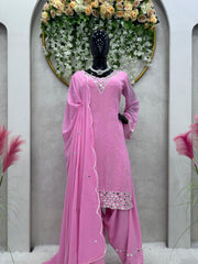 Casual Wear Thread With Real Mirror Pink Anarkali Suit