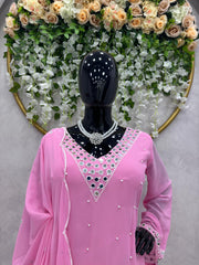 Casual Wear Thread With Real Mirror Pink Anarkali Suit