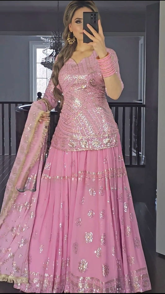 Stunning Sequence Work Pink Color Top With Lehenga