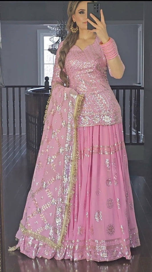 Stunning Sequence Work Pink Color Top With Lehenga