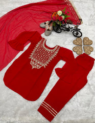 Attractive Embroidery Sequences Work Red Color Suit